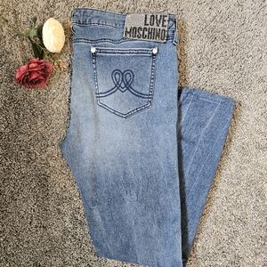 Love Moschino Bedazzled Skinny Jeans Size 31 Embroidered Heart on Pockets